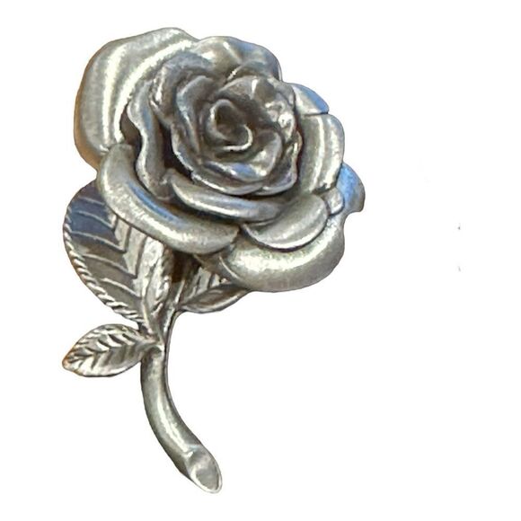Vintage Brooch Pewter Layered Rose Stem Signed AJRCO Jewelry Pin - Picture 7 of 11